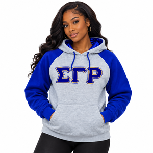 Sigma Gamma Rho <b>Women's</b> Grey Royal <b>Blue</b> <b>Hoodie</b> with Greek Letters Front Print Kangaroo Pocket Fleece Sweatshirt - Product Image 1