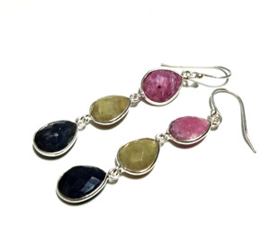 925 Sterling Silver Multi <b>Sapphire</b> Gemstone Dangle <b>Earrings</b> <b>Blue</b> Yellow Pink Teardrop Bohemian Style Wedding Engagement Party - Product Image 1