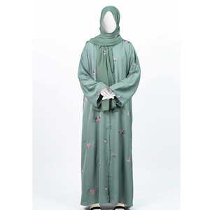 Private Label Modest Women <b>Abaya</b> <b>Dress</b> in Satin Plaid with Embroidered Cuffs and Matching Belt Design Floor-Length - Product Image 1