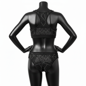 Conjunto de bikini de dos piezas para mujer de alta calidad en poli elastano, tela negra brillante con construcción de paneles y logo de cristal. Bikinis para mujer. - Product Image 2