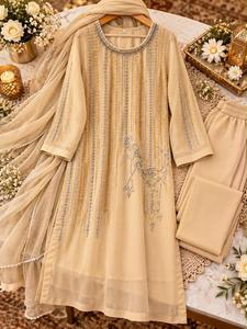 Conjunto de 3 Piezas de Chifón con Bordado Intenso, Traje Indio Pakistaní para Fiestas, Anarkali - Product Image 4