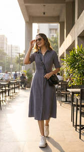 Robe chemise midi décontractée en lin et coton, col à revers, manches 3/4, couleur unie, respirante, coupe ample, pour l'été et le quotidien - Product Image 5