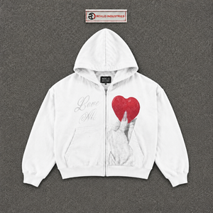 Sudadera con Capucha y Cremallera para Hombre, Estilo Urbano Premium, Color Blanco, con Estampado de Corazón 'Love Me', Corte Regular, Informal, de Algodón Blanco, Felpa Francesa, para Otoño - Product Image 5