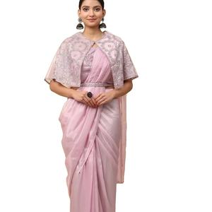 El último Sari de secuencia de bordado de seda satinada de diseñador listo para usar de Fab Zone - Product Image 1