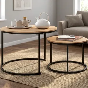 Modern Round <b>Nesting</b> <b>Coffee</b> <b>Table</b> <b>Set</b> of 2 with Wood Top and Metal Frame for Living Room Home Apartment Interior Decor - Product Image 2