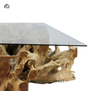 Table basse moderne et contemporaine en racine de teck, design combiné, bois massif, bord naturel, plateau en verre, écologique, durable, faite à la main pour la maison - Product Image 3