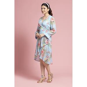 Vestido Midi Cruzado de Georgette Azul Cielo Estilo Vintage para Mujer, Manga Corta, Holgado y Cómodo, Precio al por Mayor - Product Image 3