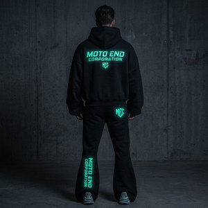 Custom Men's Vintage Oversized Flared <b>Waterproof</b> <b>Tracksuit</b> Polyester/Cotton Heavyweight Glow Dark Screen Print Hoodie Sweatpants - Product Image 3