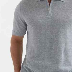 Polo à manches courtes gris clair pour homme, en coton tricoté, respirant, couleur unie, coupe décontractée, fermeture éclair - Product Image 3