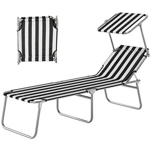 Sdraio Pieghevole da Esterno per Piscina con Parasole, Telaio in Alluminio Nero/Bianco, Cuscino in Olefin, Materiale in Corda per Piscina - Product Image 1