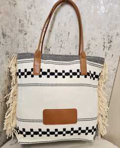 Black White Woven <b>Tote</b> Bag Geometric Pattern Fringe Handbag Large Capacity Shoulder Bag for Travel Shopping Daily Use - Product Image 2