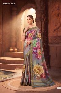 Fournisseur indien de collections de saris et de chemisiers en soie Zari-Checks de qualité export avec motif floral et impression à chaud - Product Image 5