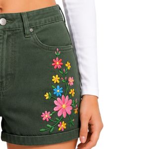 Shorts de Mezclilla de Cintura Alta para Mujer, Color Verde Bosque, con Bordado Floral Colorido, Shorts Casuales de Verano, Elásticos, Personalizados OEM ODM - Product Image 4