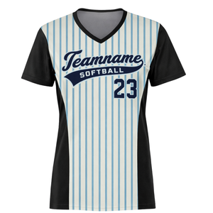 Maillot de softball en sublimation intégrale, bleu crème à rayures fines, col en V, manches noires, uniforme d'équipe personnalisé avec numéro au dos - Product Image 2