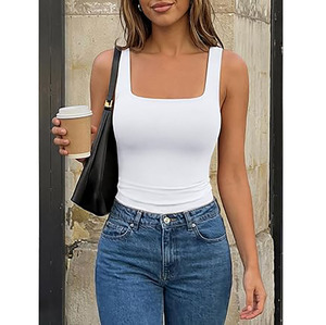 Women’s White Square Neck Crop Top – Sleeveless Slim Fit Tank Top – Stretchy Casual Summer Basic Camisole for Streetwear. - Product Image 5