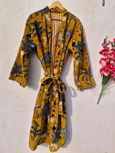 Yellow Jungle Print Velvet Kimono <b>Robe</b> Handmade Tea <b>Coat</b> Velvet Tiger Print Kimono <b>Robe</b>: Handmade Velvet Cotton Blend Nightwear - Product Image 1