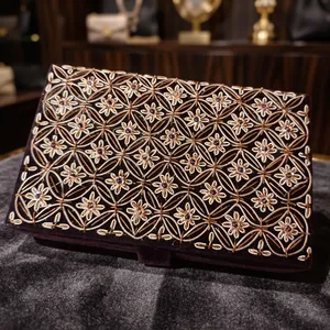 Noor Grid Zardozi <b>Embroidered</b> Evening <b>Clutch</b> Party <b>Bag</b> Floral Satin Lining Square Brass Crystal Rhinestone Pearl Chain - Product Image 6