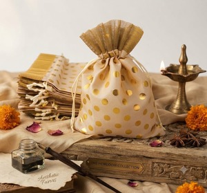 Wholesale Bulk Heirloom Collection Cream Gold Polyester Potli Bags Handcrafted Polka Dot Foil Prints Wedding Gifts Birthday - Product Image 1