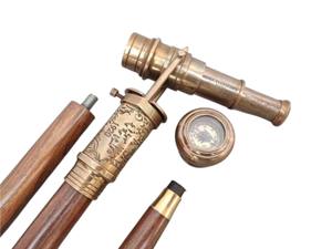 Antique Brass Telescope Walking <b>Cane</b> Foldable Wooden Shaft Rubber Tip Hiking Stick Wholesale - Product Image 4