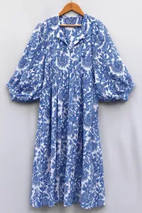 Premium Blue Cotton Floral Block Print Midi <b>Dress</b> With Puff Sleeve <b>Loose</b> Fit V-Neck Casual Summer <b>Dress</b> - Product Image 5
