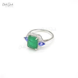 Anillo de compromiso de oro blanco de 14K con doble piedra preciosa y diamantes, esmeralda auténtica y tanzanita de 3.5 quilates, listo para enviar a precio de fábrica. - Product Image 2