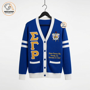 ซิกมาแกมมาโร |   เสื้อสเวตเตอร์ลำลองสำหรับผู้หญิง ลายปักกรีก สีน้ำเงิน แขนยาว คอวี ระบายอากาศได้ดี 100% - Product Image 1