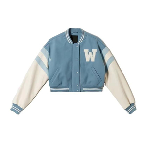 Blouson universitaire court bleu ardoise et crème avec patch lettres et bandes aux épaules, logo personnalisé - Product Image 3
