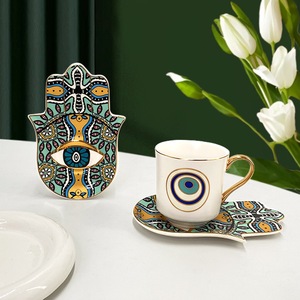 Ensemble de tasses en céramique œil porte-bonheur avec soucoupes Hamsa colorées, poignée dorée bohème, pour café turc et thé, coffret cadeau, vente en gros OEM - Product Image 5