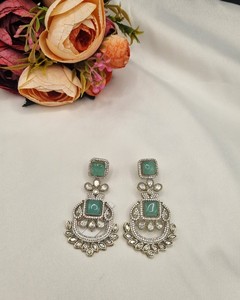 Lucentarts Jewellery Green Cat Eye Stone Chandbali <b>Earring</b> Square Crystal <b>Dangle</b> Traditional Indian For Bridal Jewelry Wholesale - Product Image 3