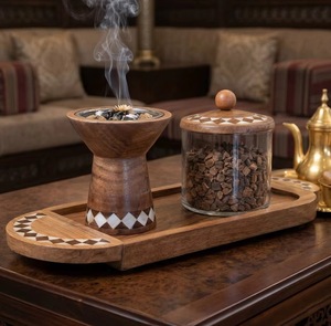 Ensemble de brûleur d'encens en bois fait main avec plateau et pot de rangement pour copeaux d'oud - Product Image 1