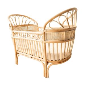 Medium Size Rattan Doll Bassinet Rattan Doll Bed Cradle with Mattress Wave Pattern for Kids Pretend Play Baby Doll Furniture - Product Image 1