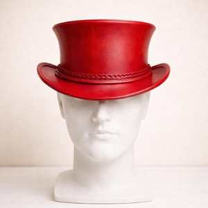 Sombrero de copa rojo unisex hecho a mano de cuero de primera calidad con banda trenzada, estilo vintage gótico steampunk, regalo para él. - Product Image 1