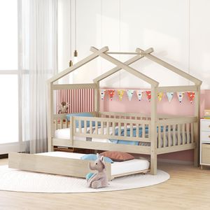 Letto a capanna in legno naturale per bambini, con letto estraibile, per cameretta singola - Product Image 1