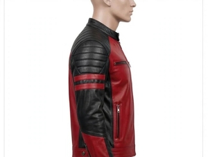Blouson moto en cuir rouge et noir pour homme avec fermeture éclair, col montant et blocs de couleur - Product Image 4