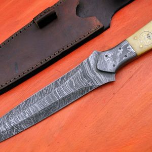 Couteau de chasse en acier Damas, couteau à dépecer, manche en acier au carbone, étui en cuir, couteau tactique portable à lame fixe pour la chasse, DIY - Product Image 3