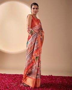 Sari en lin et coton à imprimé floral rose, imprimé numérique, robe moderne pour femme, pour mariage, fête, tenue décontractée - Product Image 2