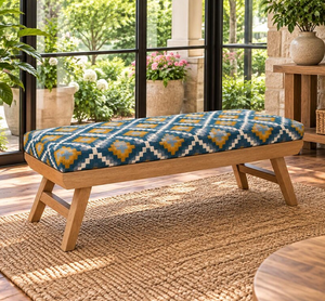 Banco de Madera Tejido a Mano con Lana y Yute, Tapizado Geométrico Azul Mostaza, Estilo Boho Rústico para Entrada, Dormitorio o como Banco Decorativo - Product Image 1