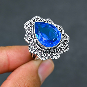 Anillo de Plata de Ley 925 con Topacio Azul Creado en Laboratorio, Hermoso Anillo con Piedra en Forma de Pera, Joyería de Boda Hecha a Mano con Turquesa - Product Image 4