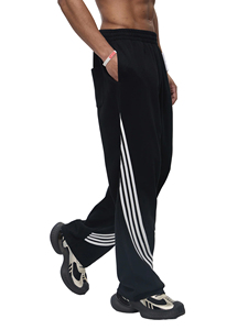 Pantalon de survêtement noir en coton pour homme, taille élastique, rayures latérales, décontracté, respirant, mi-lourd, tricoté, coupe évasée, pour l'automne - Product Image 2
