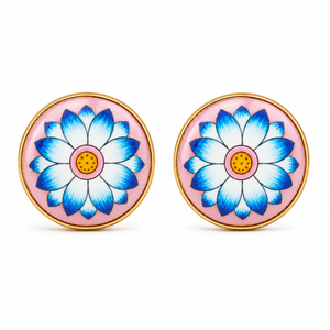 Handmade Enamel Brass Cufflinks Pink & Blue Lotus Floral Design Gold Tone Finish for Men's Formal & Wedding Wear Rajasthan - Product Image 2