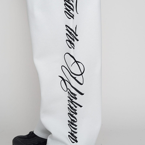 Extreme Wide Leg Script Graphic <b>White</b> <b>Joggers</b> for Men's Drawstring Waist Side Pockets Premium Quality Cotton/Fleece Track Pants - Product Image 3