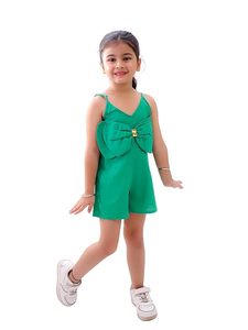 Mono corto verde para niñas con cuello en V, tirantes finos, sin mangas, detalle de lazo, transpirable, color liso, poliéster/rayón, estilo body - Product Image 1