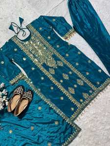 Soft Smooth Heavy Chinnon <b>Silk</b> <b>Fabric</b> Full Embroidery Sleeve Pattern Straight Cut Border Modern Wedding Popular Salwar Kameez - Product Image 6