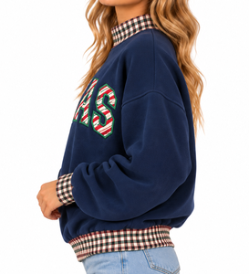 <b>Women's</b> Navy Blue <b>Christmas</b> <b>Sweatshirt</b> Candy Cane Xmas Letter Crewneck Plaid Collar Pullover - Product Image 2