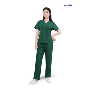 Ensemble de blouses médicales vertes à col en V pour femmes, manches courtes, uniforme d'hôpital, pantalon en coton et polyester tissé inclus - Product Image 3