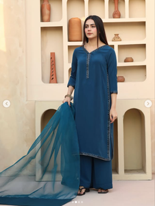 Salwar Kameez en coton bleu pour femmes, coupe classique, vêtements décontractés, style Inde Pakistan, évacuation de l'humidité, séchage rapide, toutes saisons - Product Image 4