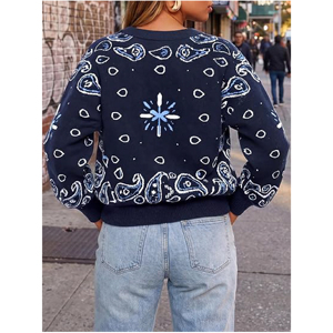 Pull-over en maille jacquard unisexe bleu marine vintage à motif bandana, coupe ample, col rond, style streetwear, OEM - Product Image 5