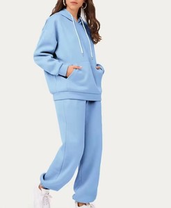 Ensemble de survêtement bleu clair à capuche pour femme, manches longues, couleur unie, coupe ample, décontracté, sweat-shirt et pantalon, tenue d'automne confortable, OEM - Product Image 2