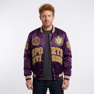 Veste universitaire personnalisée avec motif graphique, satin violet, style baseball, lettrage universitaire, vêtements de sport pour hommes, broderie streetwear - Product Image 1
