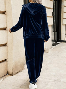Unisex Velvet Two-Piece Hooded <b>Tracksuit</b> Set Solid Color Long Sleeve Jacket and Pants Casual Winter Outfit - Product Image 4